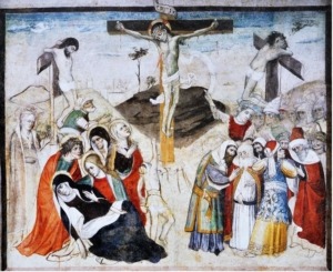 Riproduzione fotografica affresco crocifissione e 4 santi