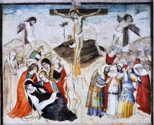 Riproduzione fotografica affresco crocifissione e 4 santi